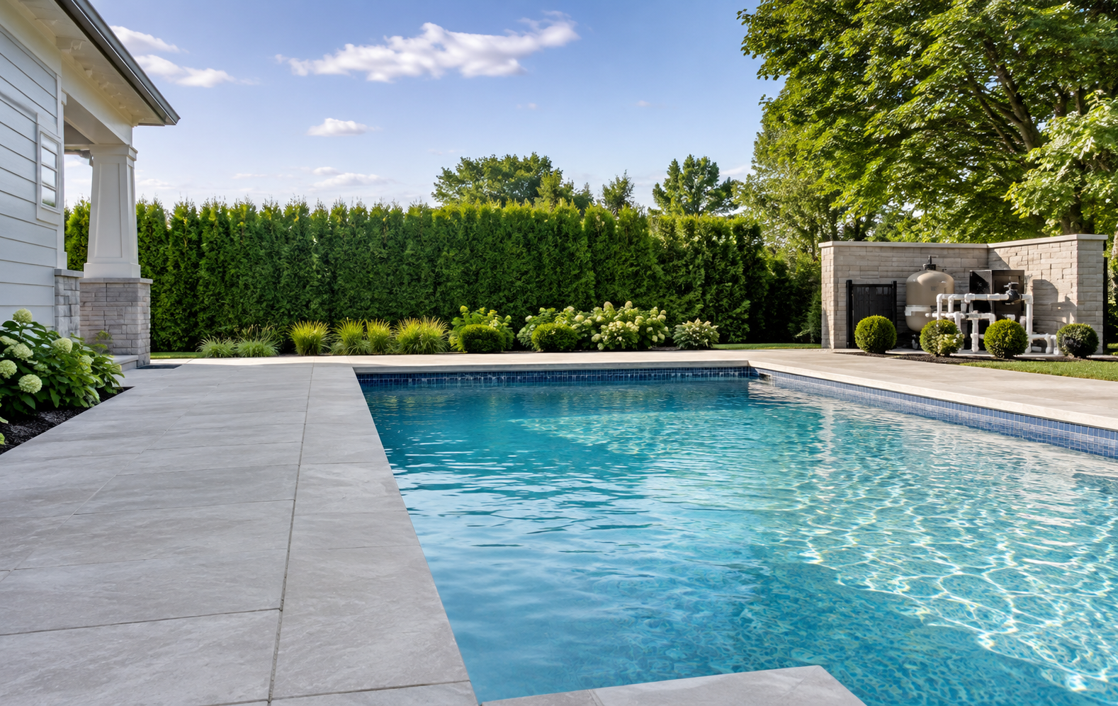 Clear backyard swimming pool with organized filtration equipment